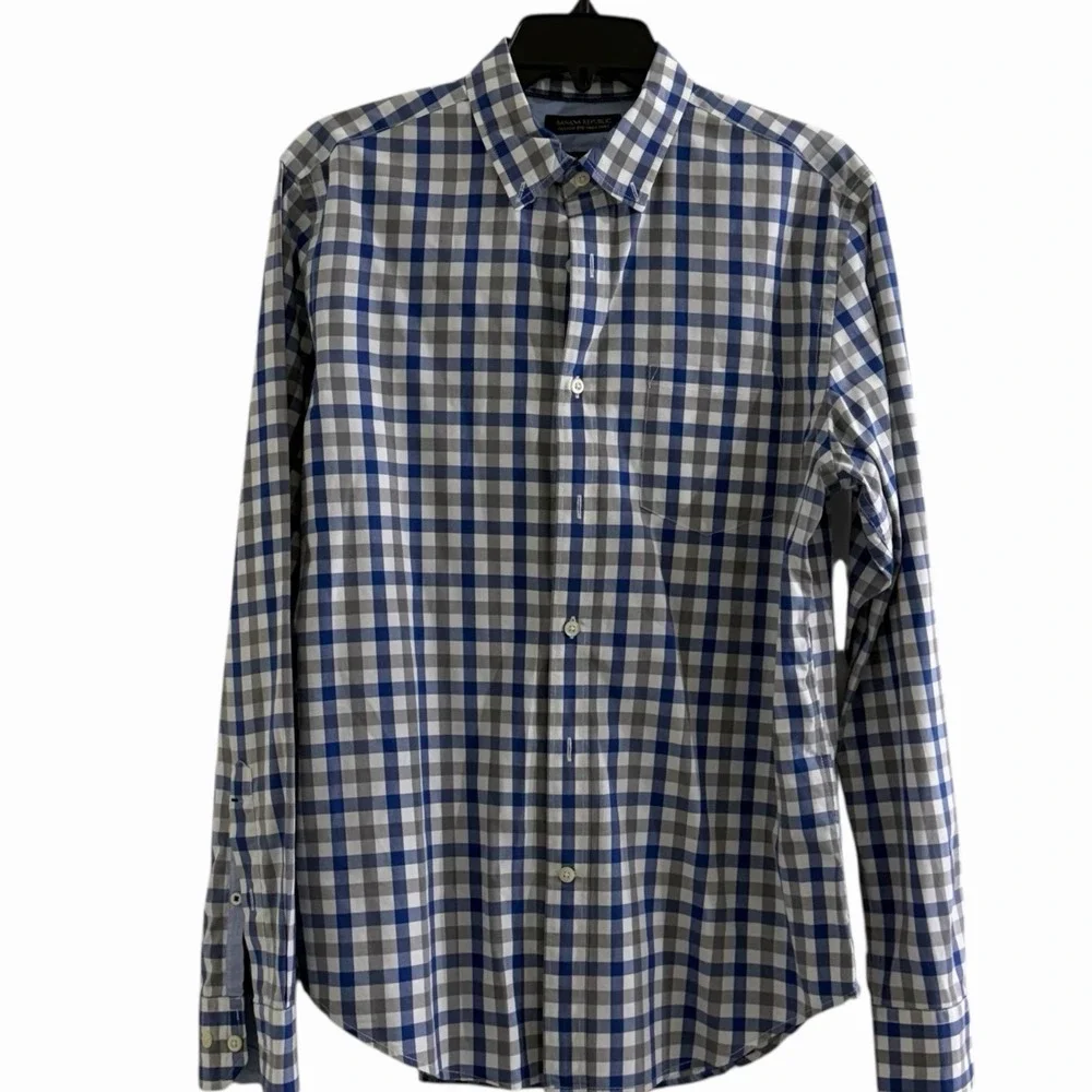 Banana Republic Plaid Shirt Mens M Blue Gray Custom 078 Wash Button Down